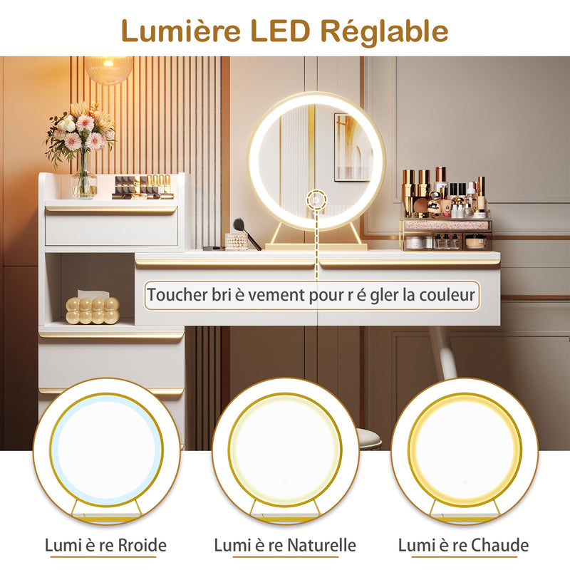 Coiffeuse blanche plateau rétractableavec miroir LED à luminosité réglable couleur et 6 tiroirs (sans tabouret) CUTICLE