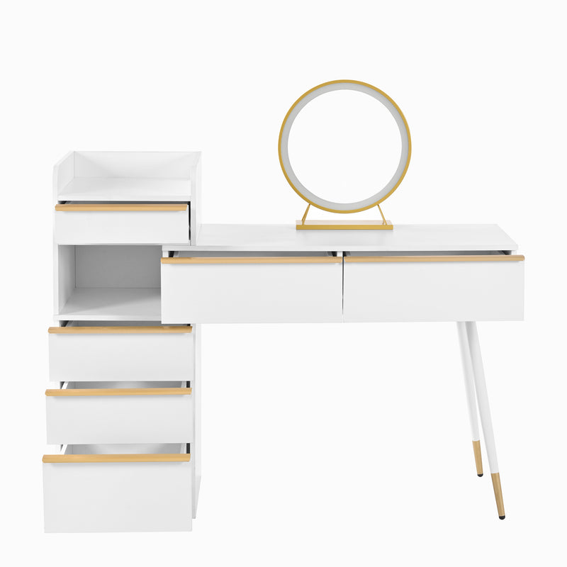 Coiffeuse blanche plateau rétractableavec miroir LED à luminosité réglable couleur et 6 tiroirs (sans tabouret) CUTICLE