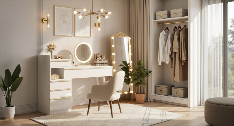 Coiffeuse blanche plateau rétractableavec miroir LED à luminosité réglable couleur et 6 tiroirs (sans tabouret) CUTICLE