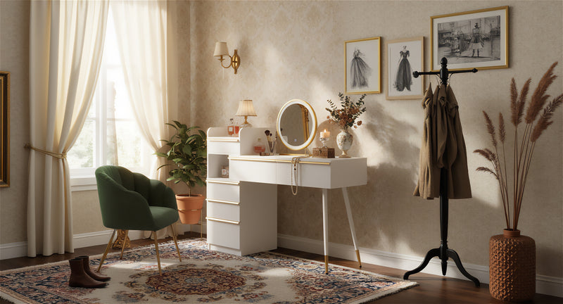 Coiffeuse blanche plateau rétractableavec miroir LED à luminosité réglable couleur et 6 tiroirs (sans tabouret) CUTICLE