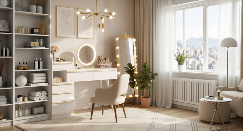 Coiffeuse blanche plateau rétractableavec miroir LED à luminosité réglable couleur et 6 tiroirs (sans tabouret) CUTICLE