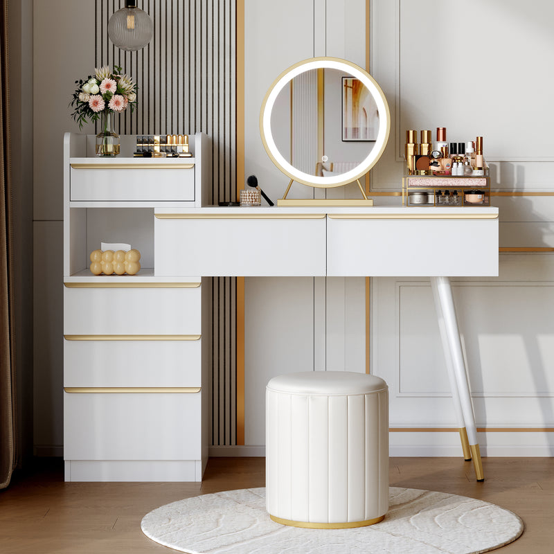 Coiffeuse blanche plateau rétractableavec miroir LED à luminosité réglable couleur et 6 tiroirs (sans tabouret) CUTICLE