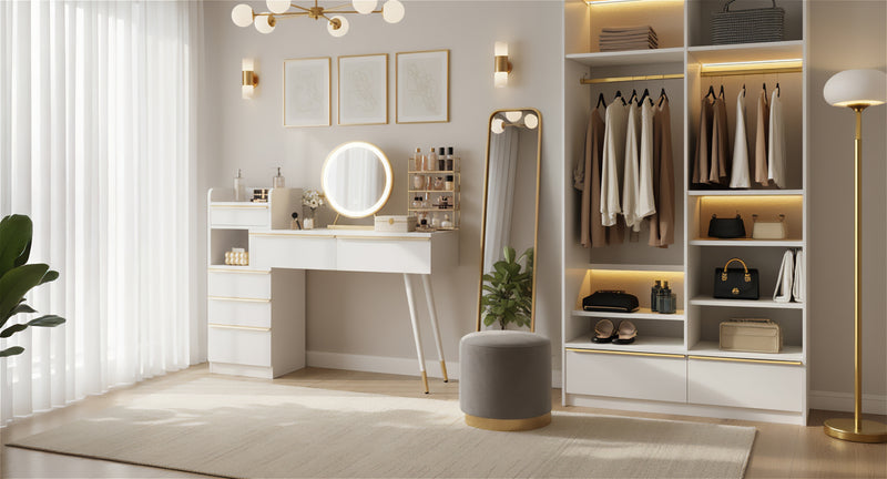 Coiffeuse blanche plateau rétractableavec miroir LED à luminosité réglable couleur et 6 tiroirs (sans tabouret) CUTICLE