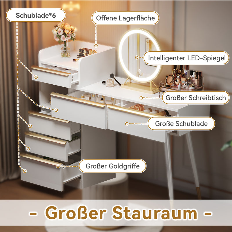 Coiffeuse blanche plateau rétractableavec miroir LED à luminosité réglable couleur et 6 tiroirs (sans tabouret) CUTICLE