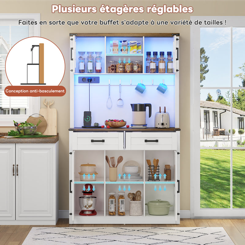 Vaisselier blanc effet bois marron et éclairage LED réglable, station de charge, grand meuble de bar CYTOTOX