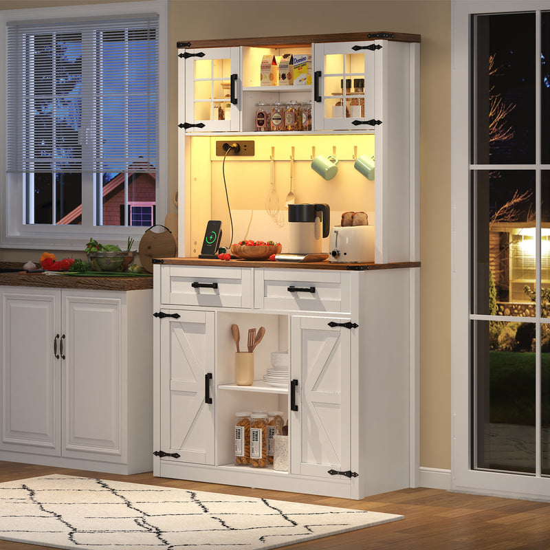 Vaisselier blanc effet bois marron et éclairage LED réglable, station de charge, grand meuble de bar CYTOTOX