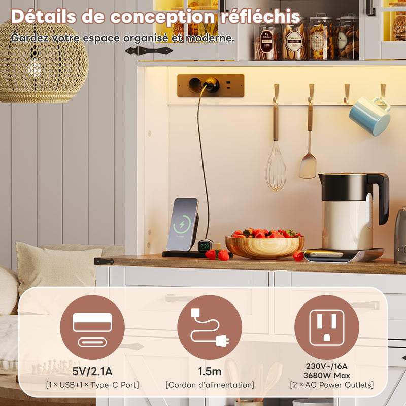 Vaisselier blanc effet bois marron et éclairage LED réglable, station de charge, grand meuble de bar CYTOTOX