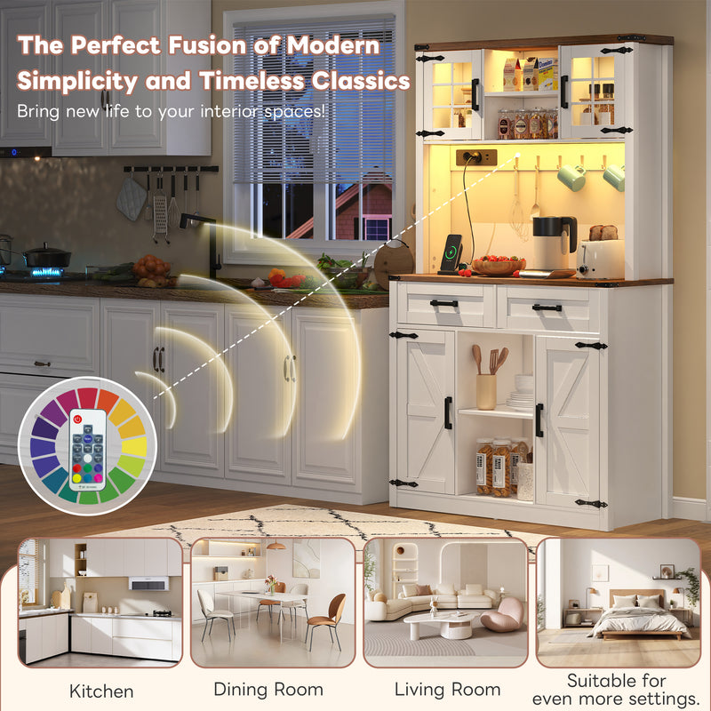 Vaisselier blanc effet bois marron et éclairage LED réglable, station de charge, grand meuble de bar CYTOTOX