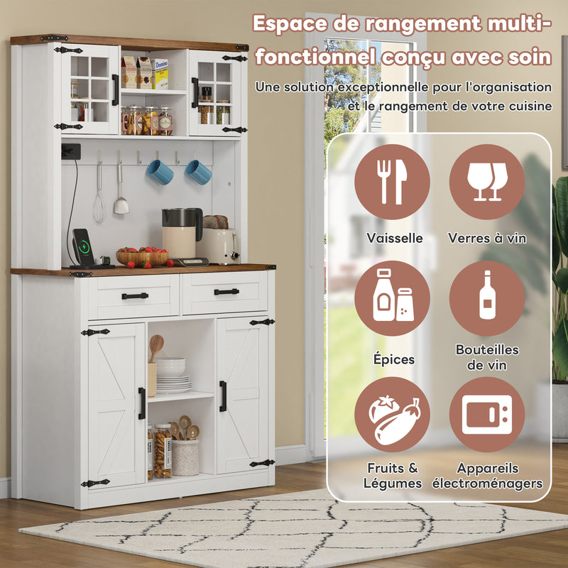 Vaisselier blanc effet bois marron et éclairage LED réglable, station de charge, grand meuble de bar CYTOTOX