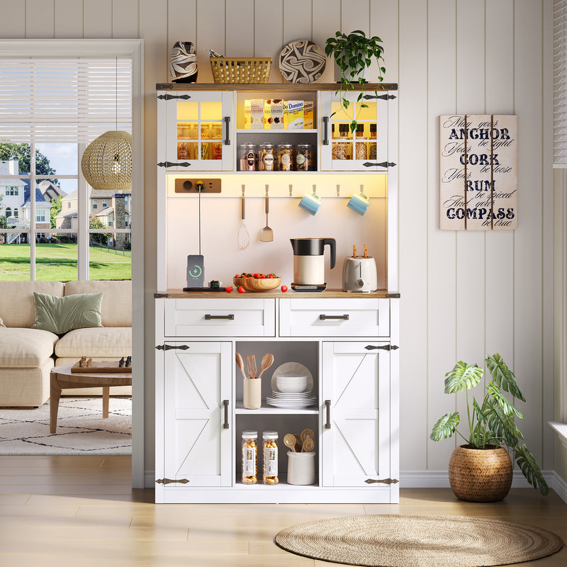 Vaisselier blanc effet bois marron et éclairage LED réglable, station de charge, grand meuble de bar CYTOTOX