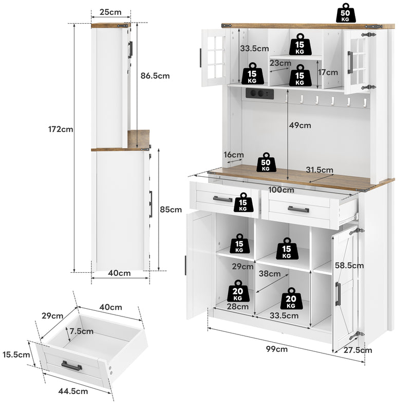 Vaisselier blanc effet bois marron et éclairage LED réglable, station de charge, grand meuble de bar CYTOTOX