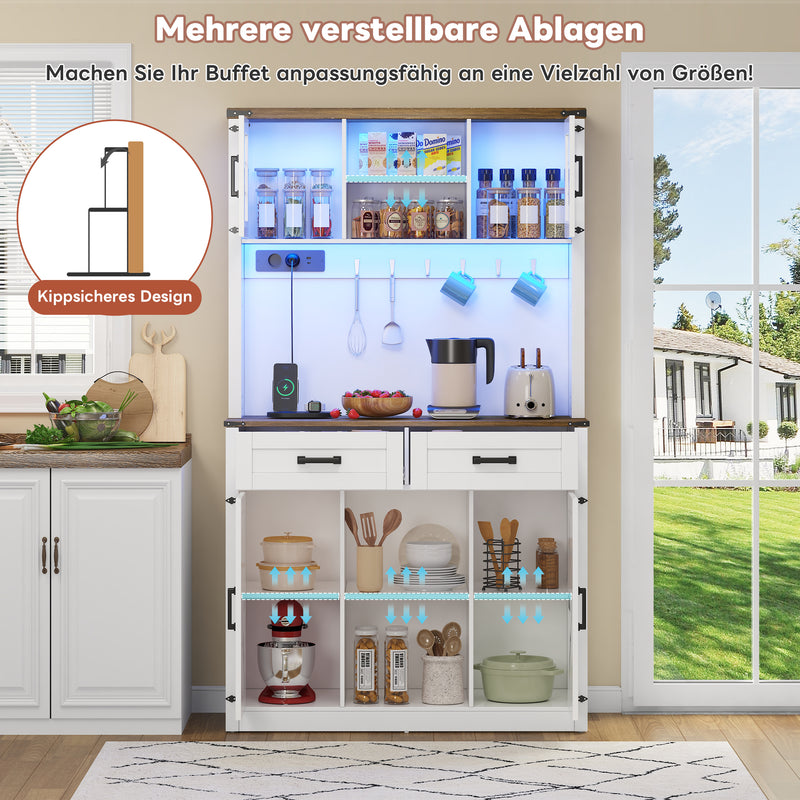 Vaisselier blanc effet bois marron et éclairage LED réglable, station de charge, grand meuble de bar CYTOTOX