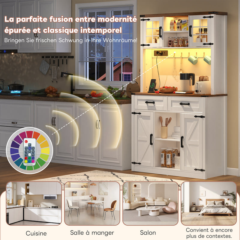 Vaisselier blanc effet bois marron et éclairage LED réglable, station de charge, grand meuble de bar CYTOTOX