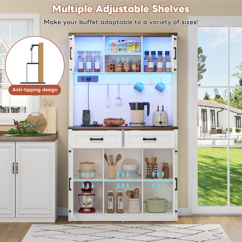 Vaisselier blanc effet bois marron et éclairage LED réglable, station de charge, grand meuble de bar CYTOTOX