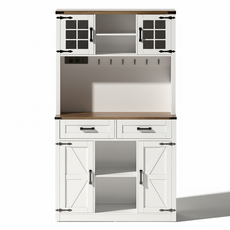 Vaisselier blanc effet bois marron et éclairage LED réglable, station de charge, grand meuble de bar CYTOTOX