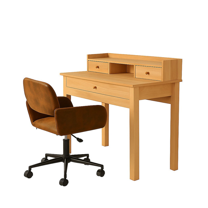 Ensemble de bureau en effect bois avec tiroirs de rangement et fauteuil roulant pivotant marron avec roulettes DEVAKI LIGHT WOOD+ROSS SUEDE BROWN