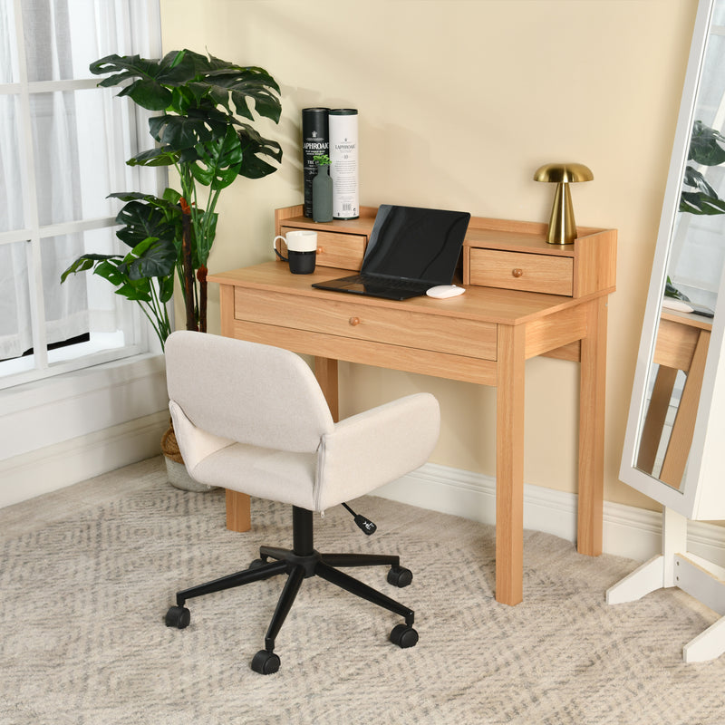 Ensemble de bureau en effect bois avec tiroirs de rangement et fauteuil roulant pivotant beige avec roulettes DEVAKI LIGHT WOOD+ROSS BEIGE