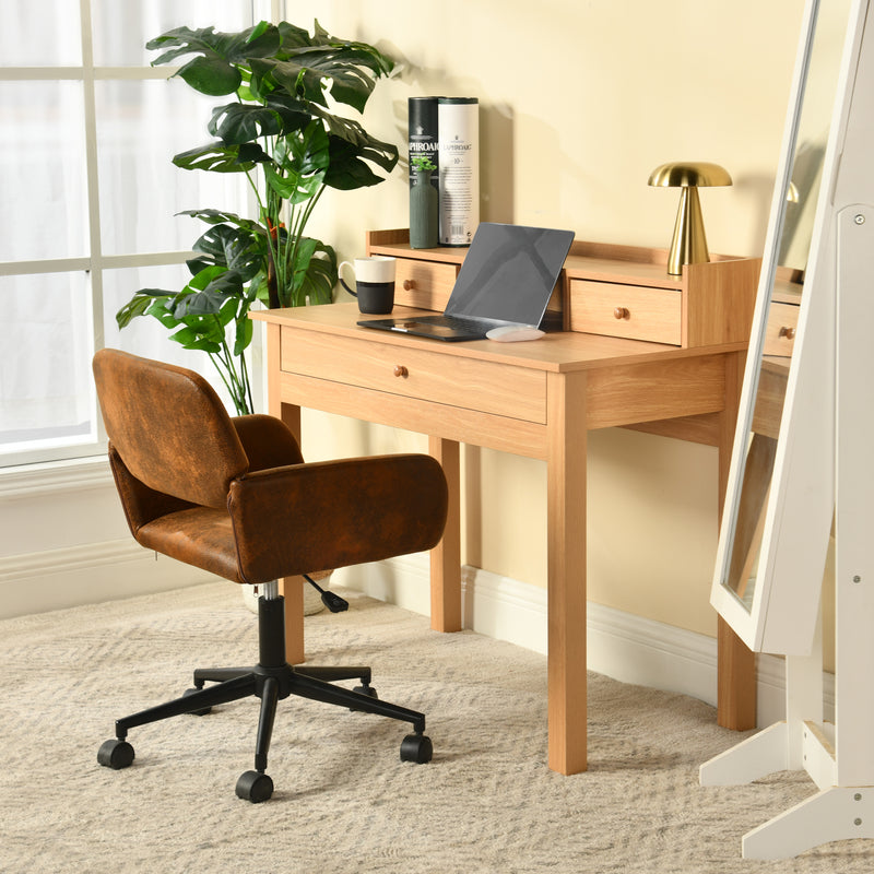 Ensemble de bureau en effect bois avec tiroirs de rangement et fauteuil roulant pivotant marron avec roulettes DEVAKI LIGHT WOOD+ROSS SUEDE BROWN