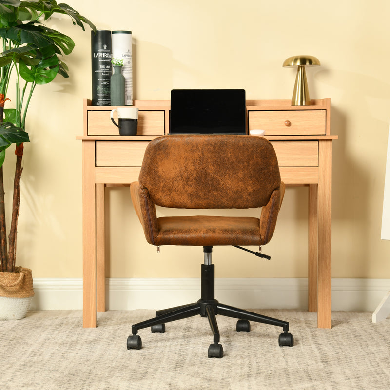 Ensemble de bureau en effect bois avec tiroirs de rangement et fauteuil roulant pivotant marron avec roulettes DEVAKI LIGHT WOOD+ROSS SUEDE BROWN