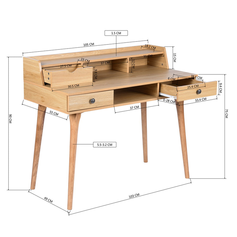 Bureau moderne avec tiroirs et rangement en bois 105*55*75-90cm DOMANA LIGHT WOOD SMALL