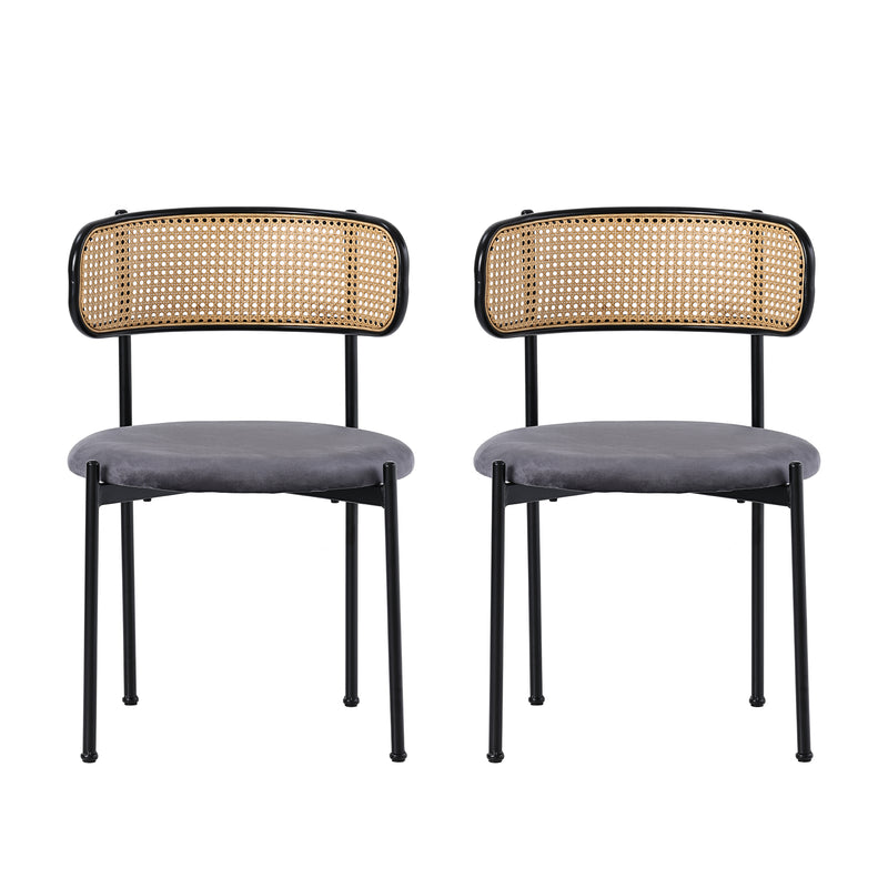 Ensemble table ronde en verre ϕ80 cm et 2 chaises velours gris rotin tressé DAMMAR
