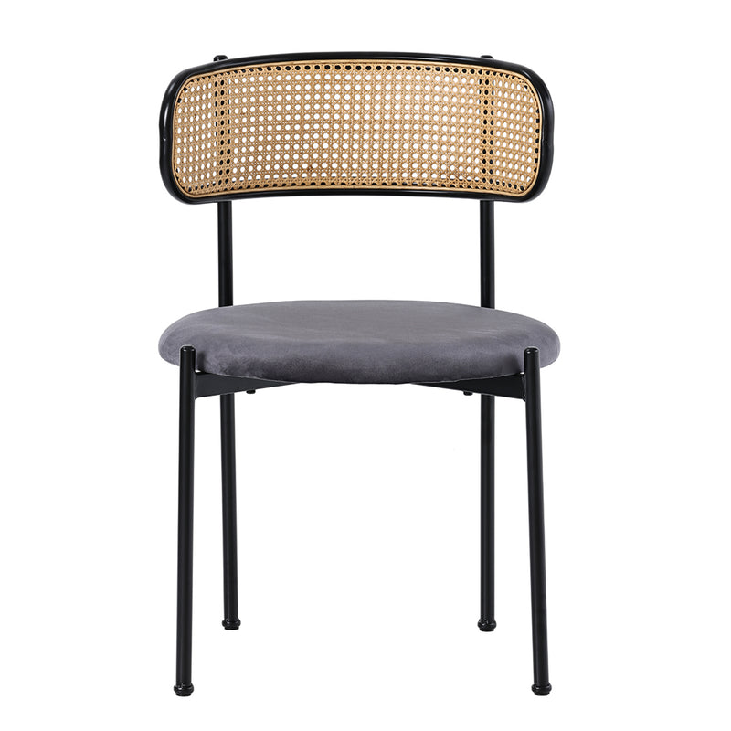 Ensemble table ronde en verre ϕ80 cm et 2 chaises velours gris rotin tressé DAMMAR