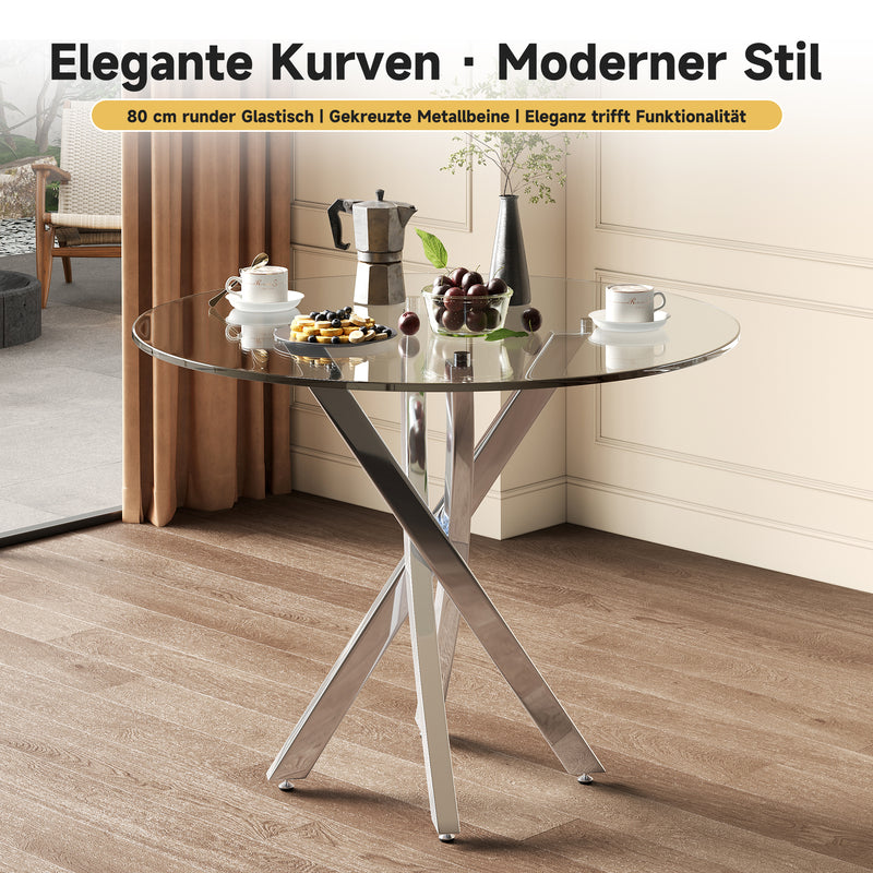 Ensemble table ronde en verre ϕ80 cm et 2 chaises velours gris rotin tressé DAMMAR