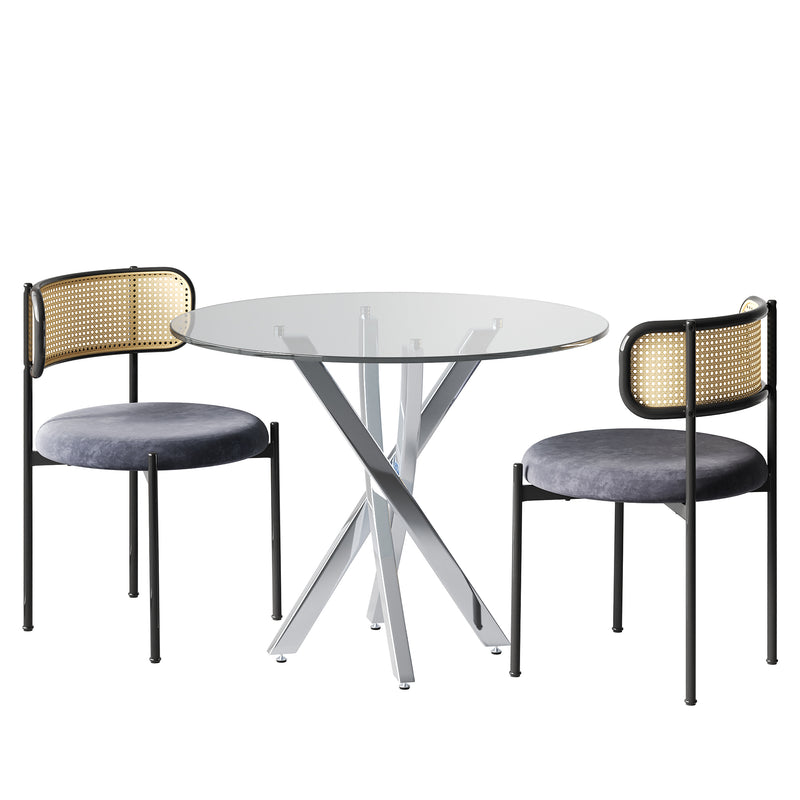 Ensemble table ronde en verre ϕ80 cm et 2 chaises velours gris rotin tressé DAMMAR