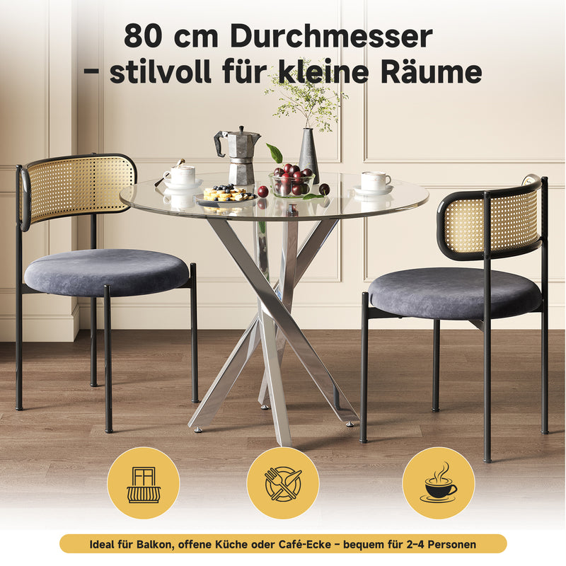 Ensemble table ronde en verre ϕ80 cm et 2 chaises velours gris rotin tressé DAMMAR