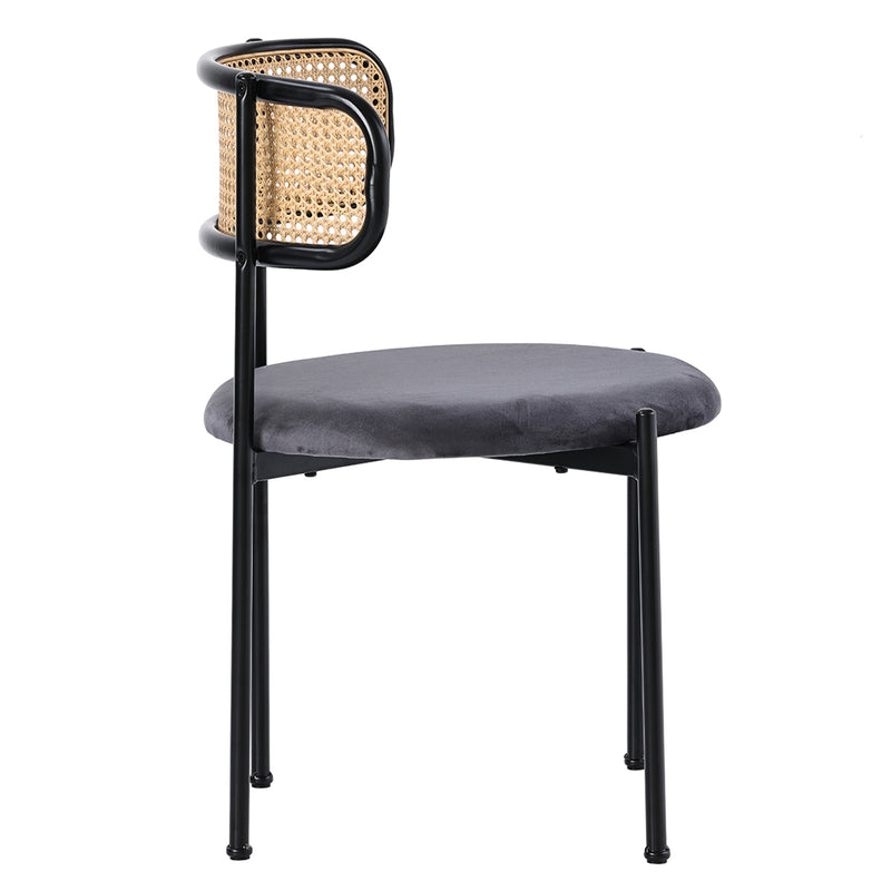 Ensemble table ronde en verre ϕ80 cm et 2 chaises velours gris rotin tressé DAMMAR