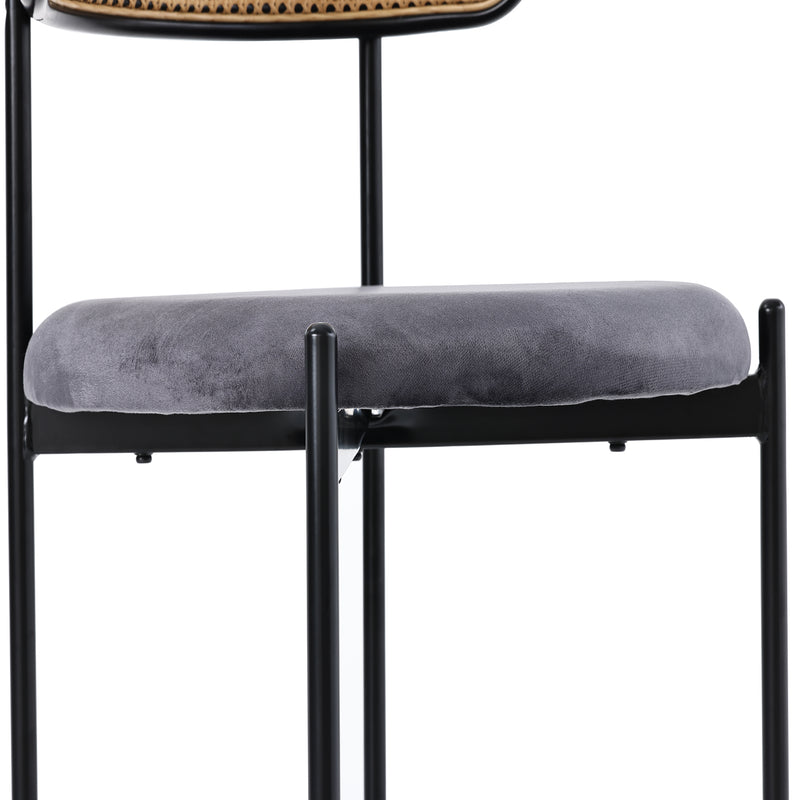 Ensemble table ronde en verre ϕ80 cm et 2 chaises velours gris rotin tressé DAMMAR
