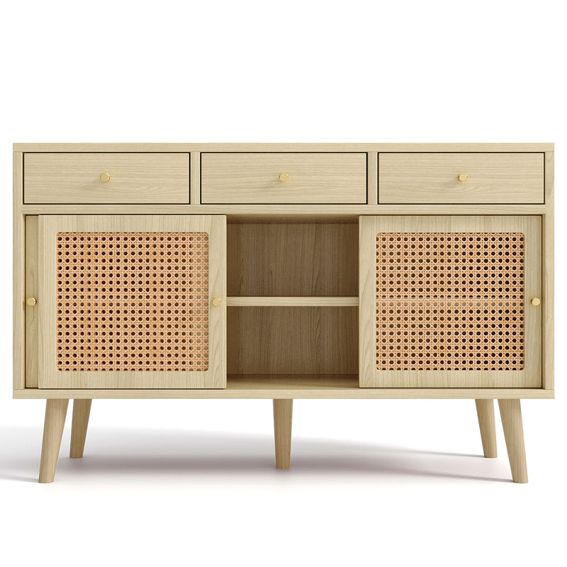 Buffet style naturelle avec 3 tiroirs et 3 portes coulissantes tissage rotin 120x40x78cm DENNOR