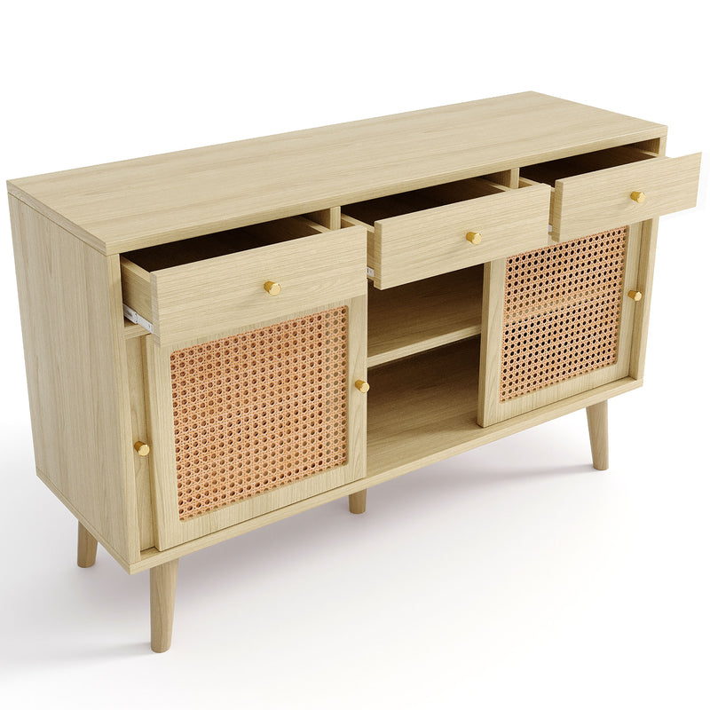 Buffet style naturelle avec 3 tiroirs et 3 portes coulissantes tissage rotin 120x40x78cm DENNOR