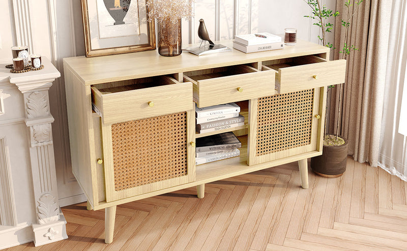 Buffet style naturelle avec 3 tiroirs et 3 portes coulissantes tissage rotin 120x40x78cm DENNOR