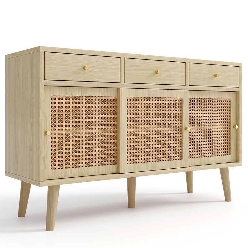 Buffet style naturelle avec 3 tiroirs et 3 portes coulissantes tissage rotin 120x40x78cm DENNOR