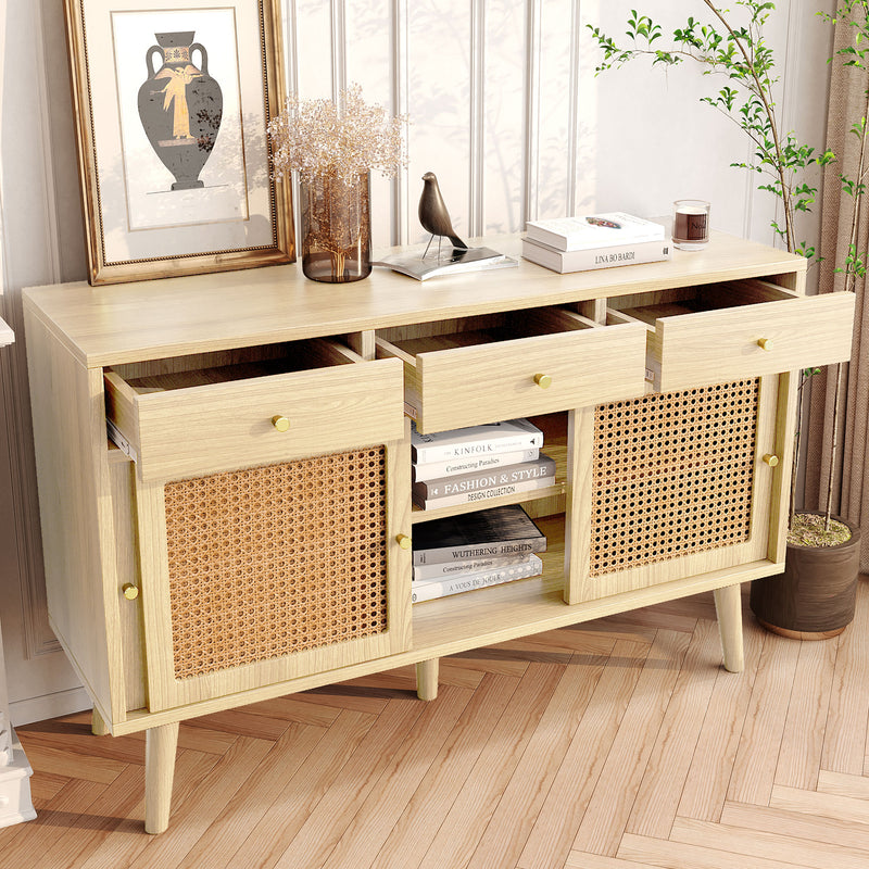 Buffet style naturelle avec 3 tiroirs et 3 portes coulissantes tissage rotin 120x40x78cm DENNOR