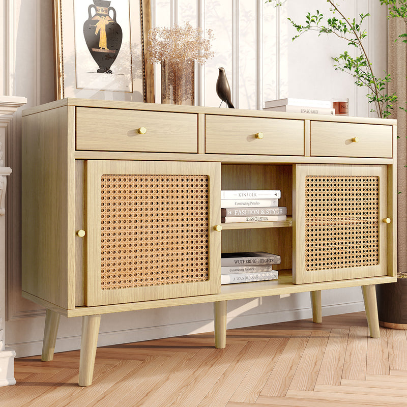 Buffet style naturelle avec 3 tiroirs et 3 portes coulissantes tissage rotin 120x40x78cm DENNOR