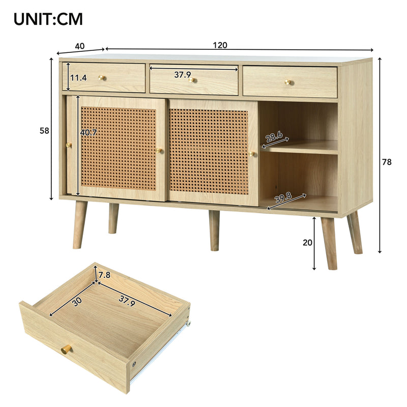 Buffet style naturelle avec 3 tiroirs et 3 portes coulissantes tissage rotin 120x40x78cm DENNOR