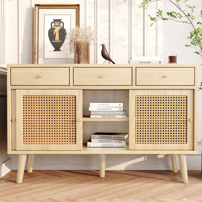 Buffet style naturelle avec 3 tiroirs et 3 portes coulissantes tissage rotin 120x40x78cm DENNOR