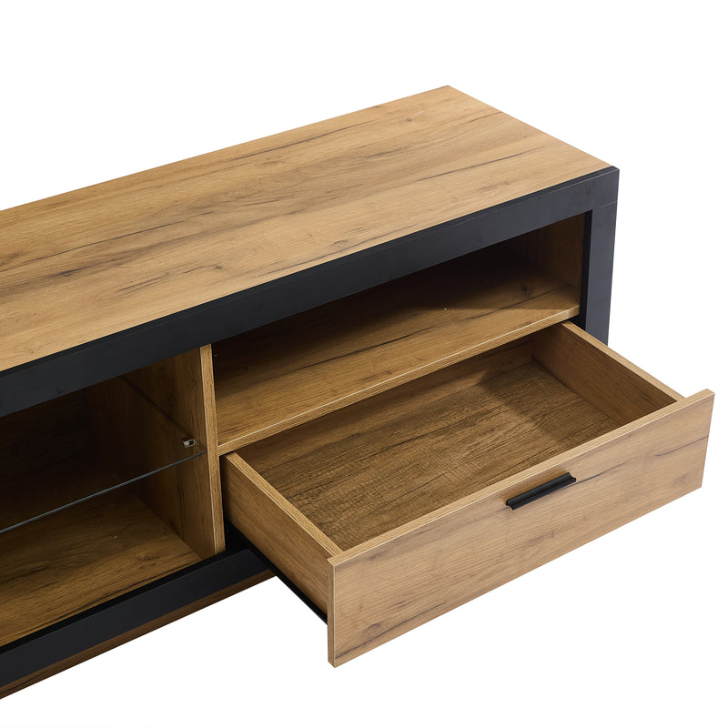 Meuble TV moderne effet bois et noir en verre avec éclairage LED DESOIH