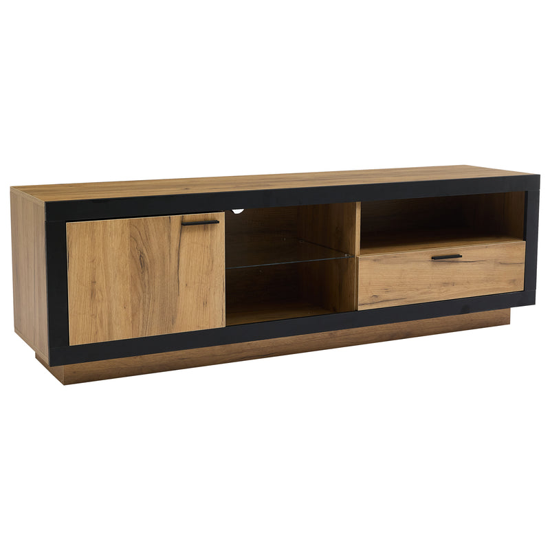 Meuble TV moderne effet bois et noir en verre avec éclairage LED DESOIH