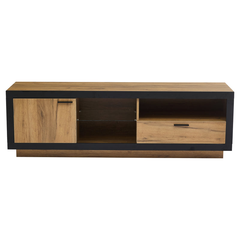Meuble TV moderne effet bois et noir en verre avec éclairage LED DESOIH
