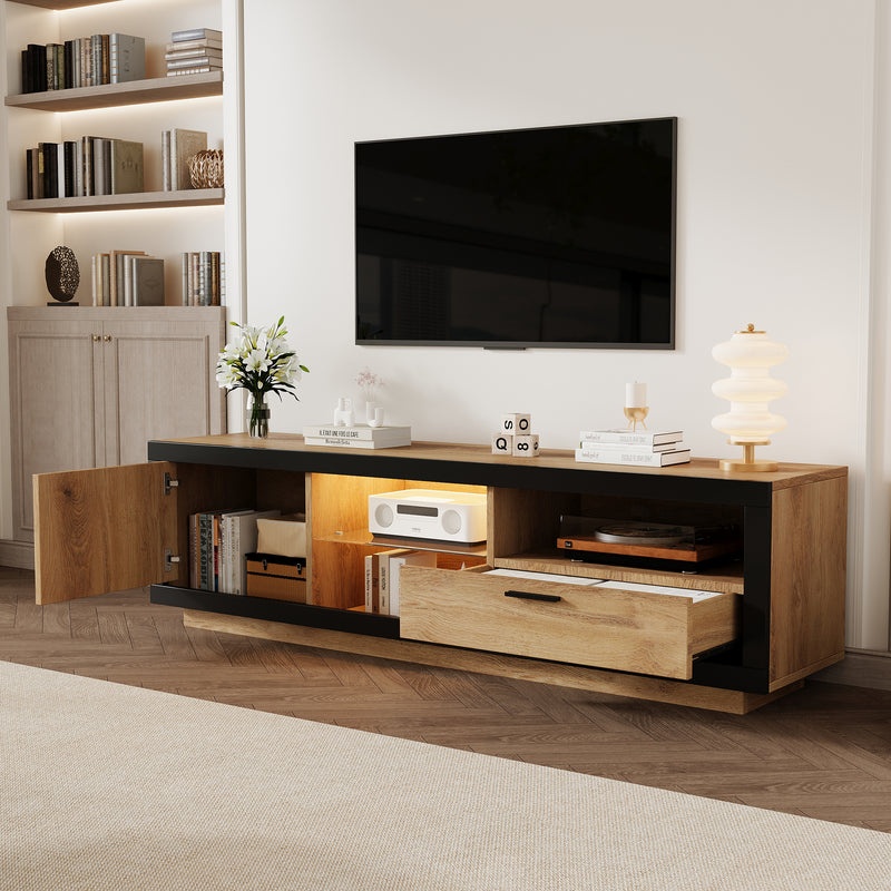 Meuble TV moderne effet bois et noir en verre avec éclairage LED DESOIH