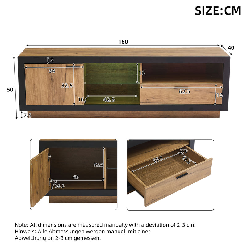 Meuble TV moderne effet bois et noir en verre avec éclairage LED DESOIH