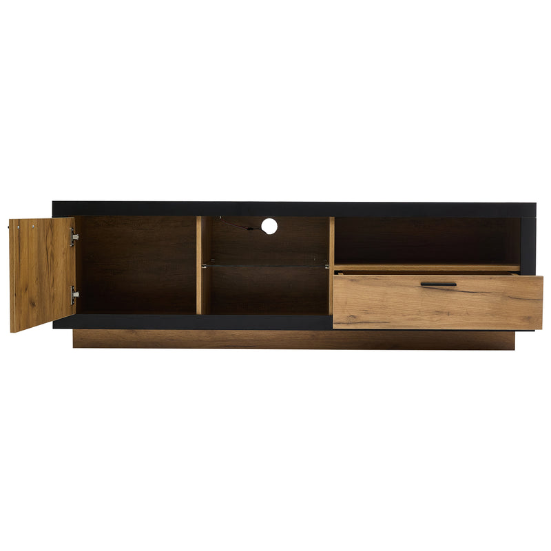 Meuble TV moderne effet bois et noir en verre avec éclairage LED DESOIH