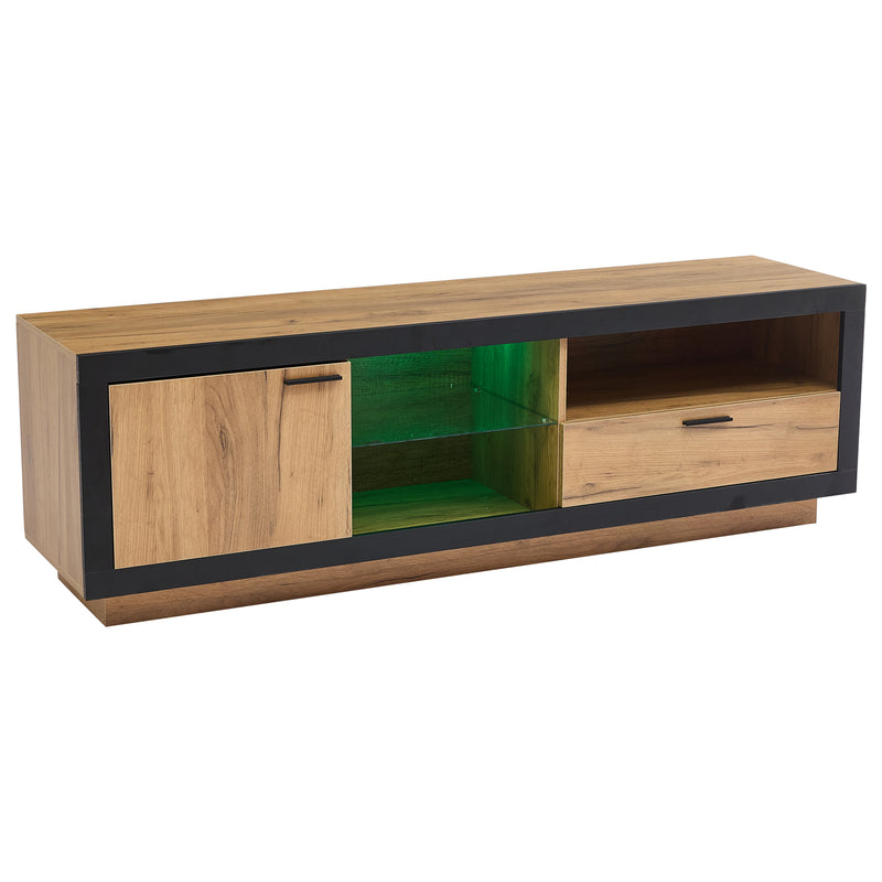 Meuble TV moderne effet bois et noir en verre avec éclairage LED DESOIH