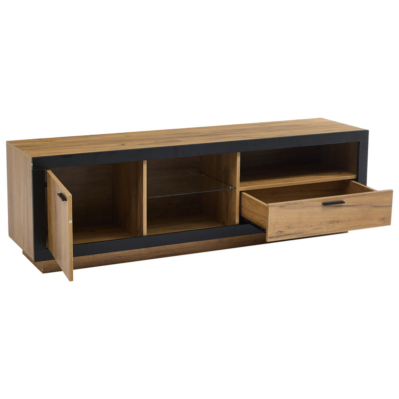 Meuble TV moderne effet bois et noir en verre avec éclairage LED DESOIH