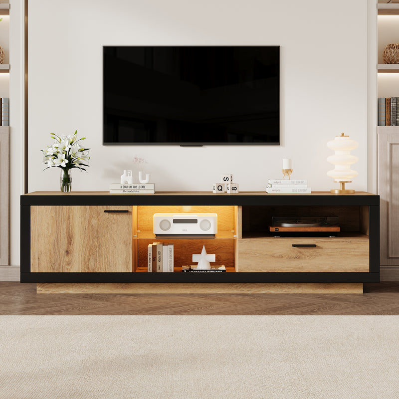 Meuble TV moderne effet bois et noir en verre avec éclairage LED DESOIH