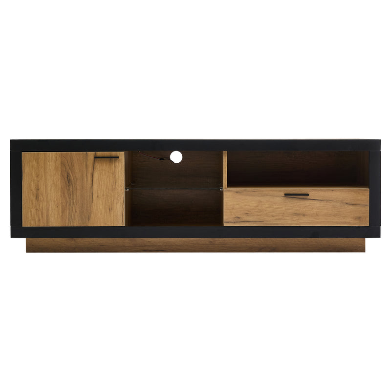 Meuble TV moderne effet bois et noir en verre avec éclairage LED DESOIH
