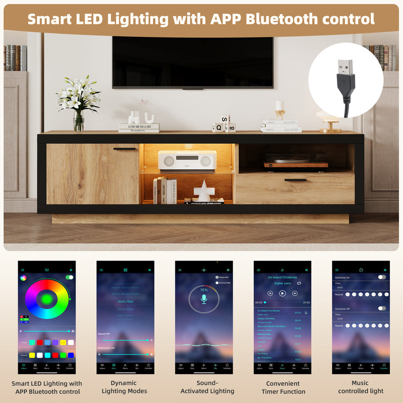 Meuble TV moderne effet bois et noir en verre avec éclairage LED DESOIH